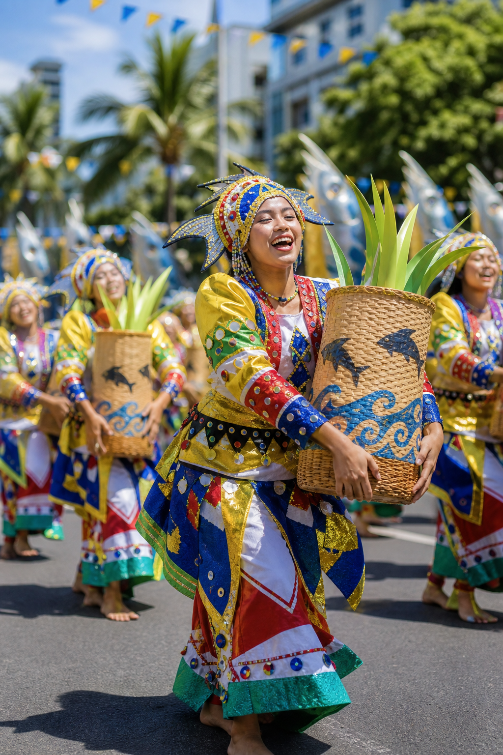Colorful GenSan-inspired festival dancers in a sunny street celebration