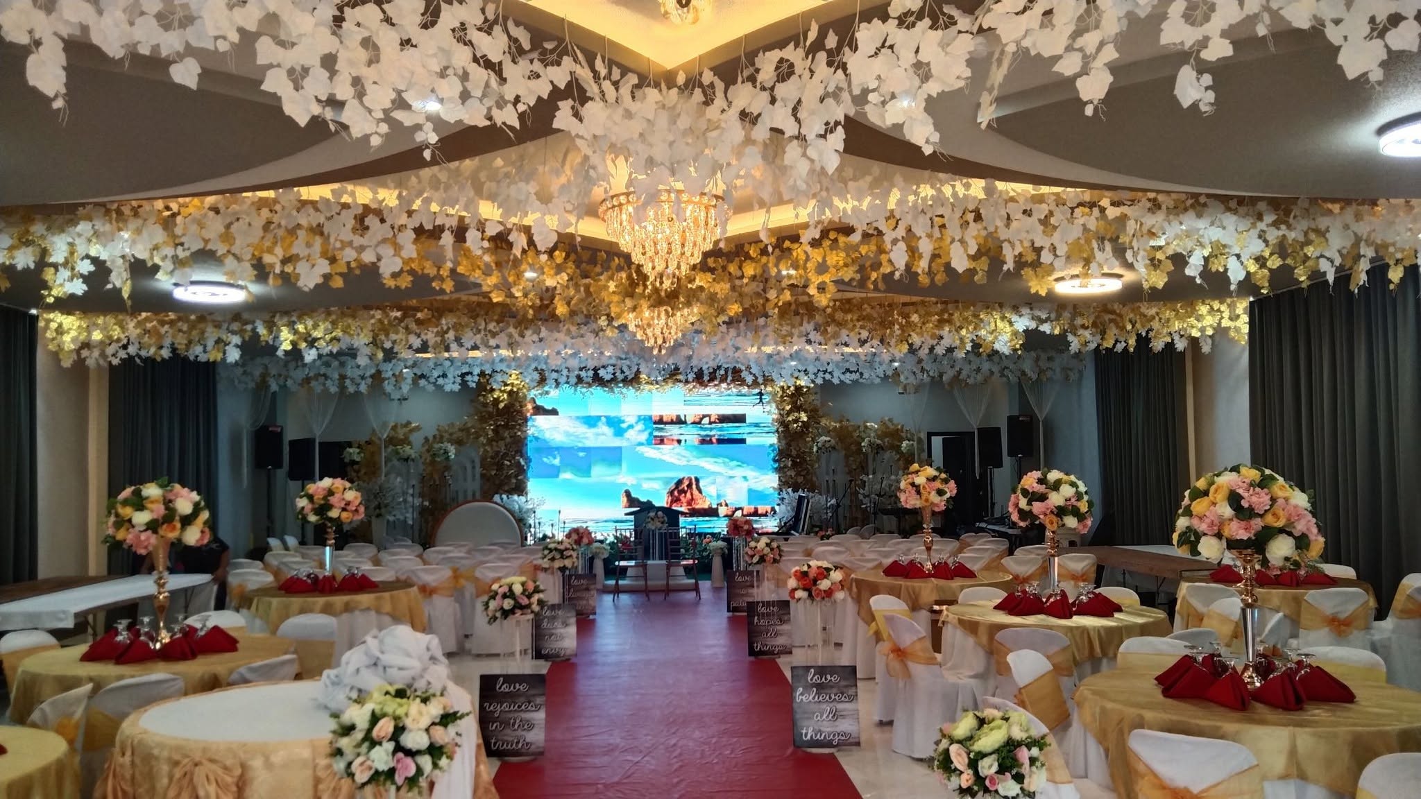 Decorated convention room arranged for a formal celebration