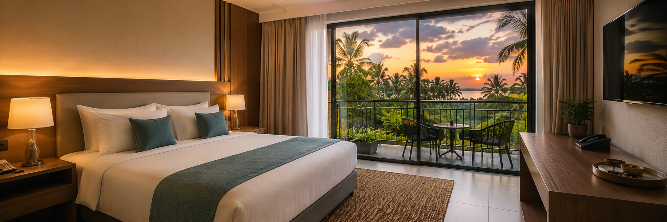 Hotel guest room overlooking palms and a sunset near General Santos City