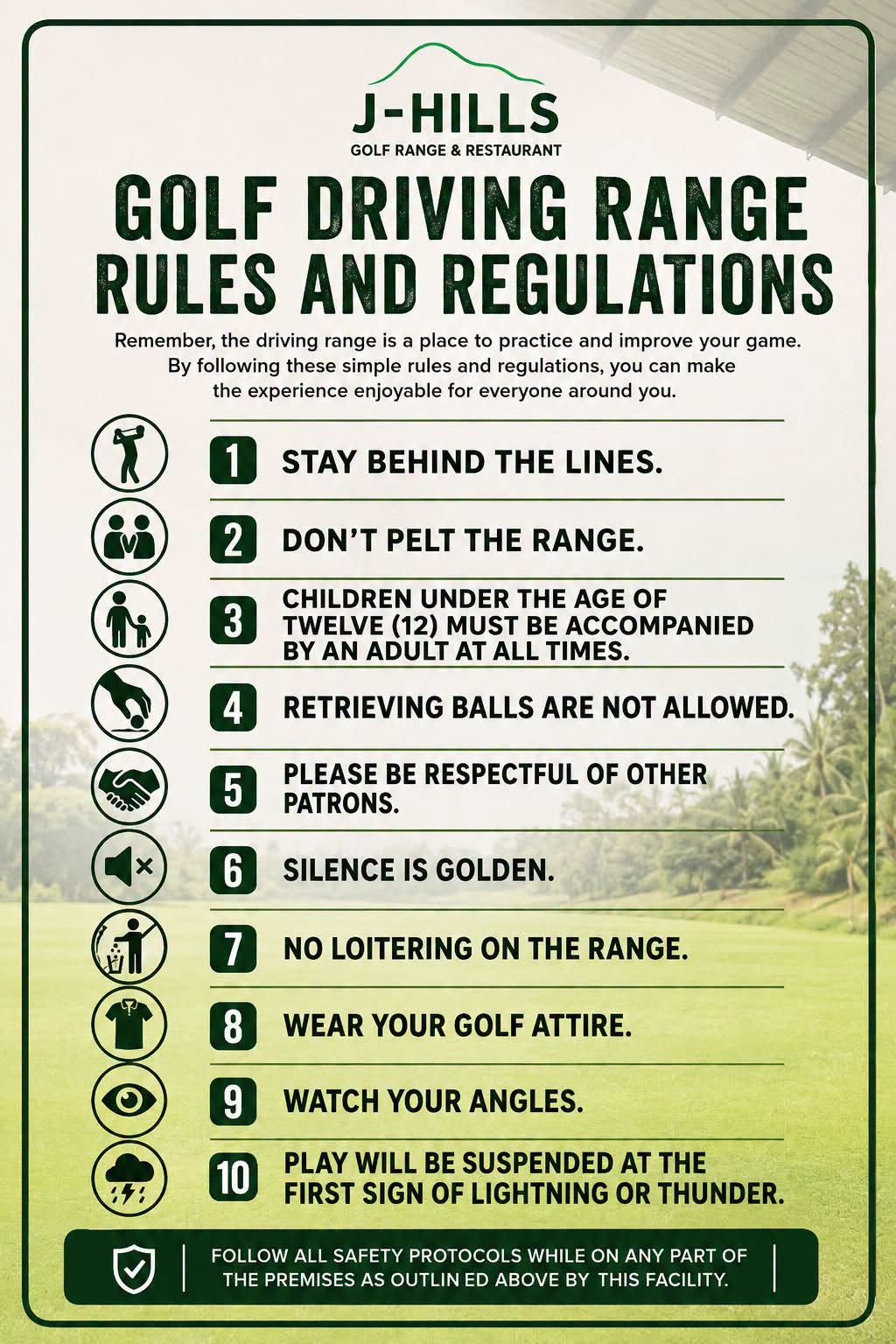 J-Hills Golf Range and Restaurant rules and regulations