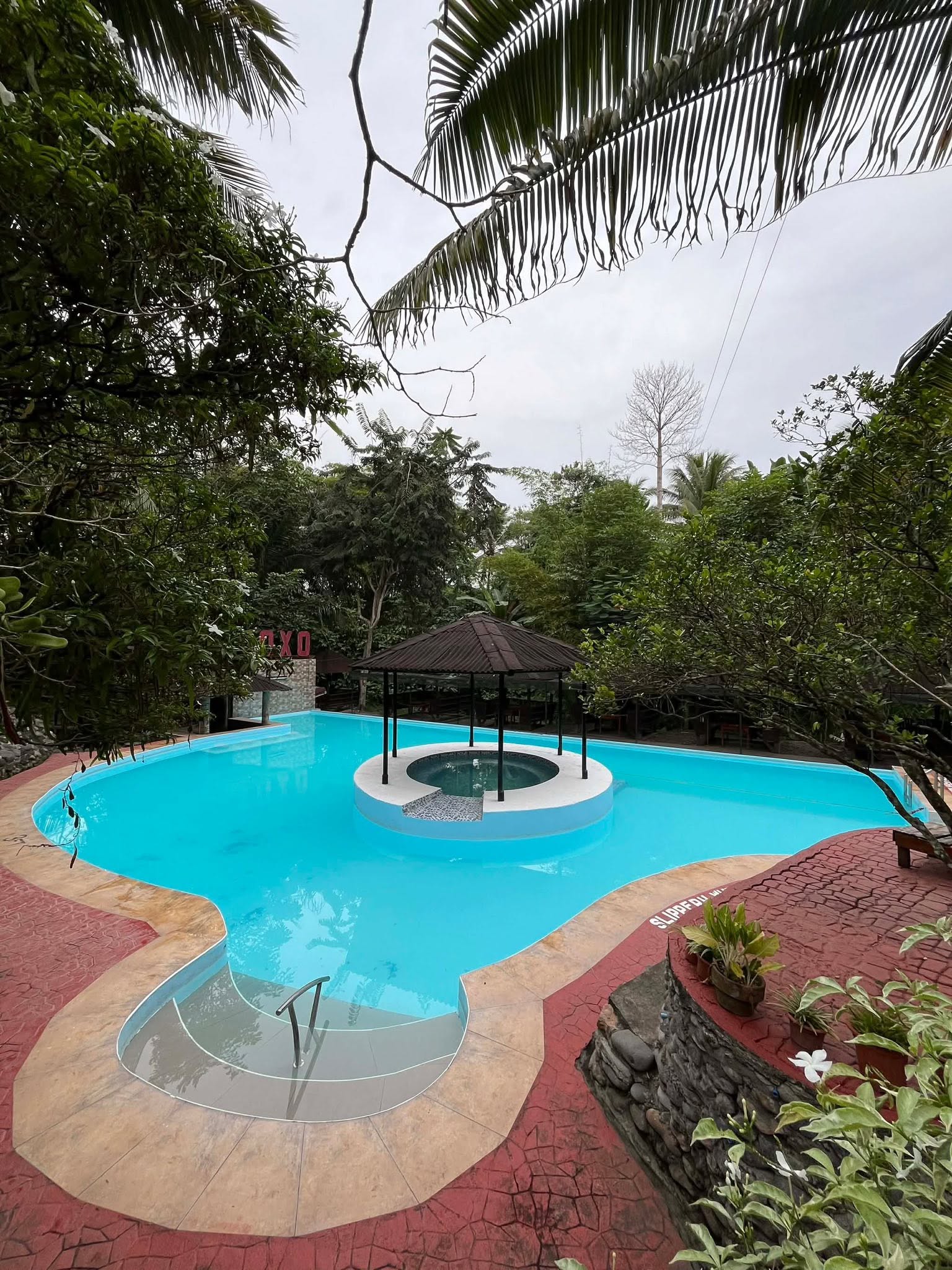 Pool with a central gazebo framed by coconut palms