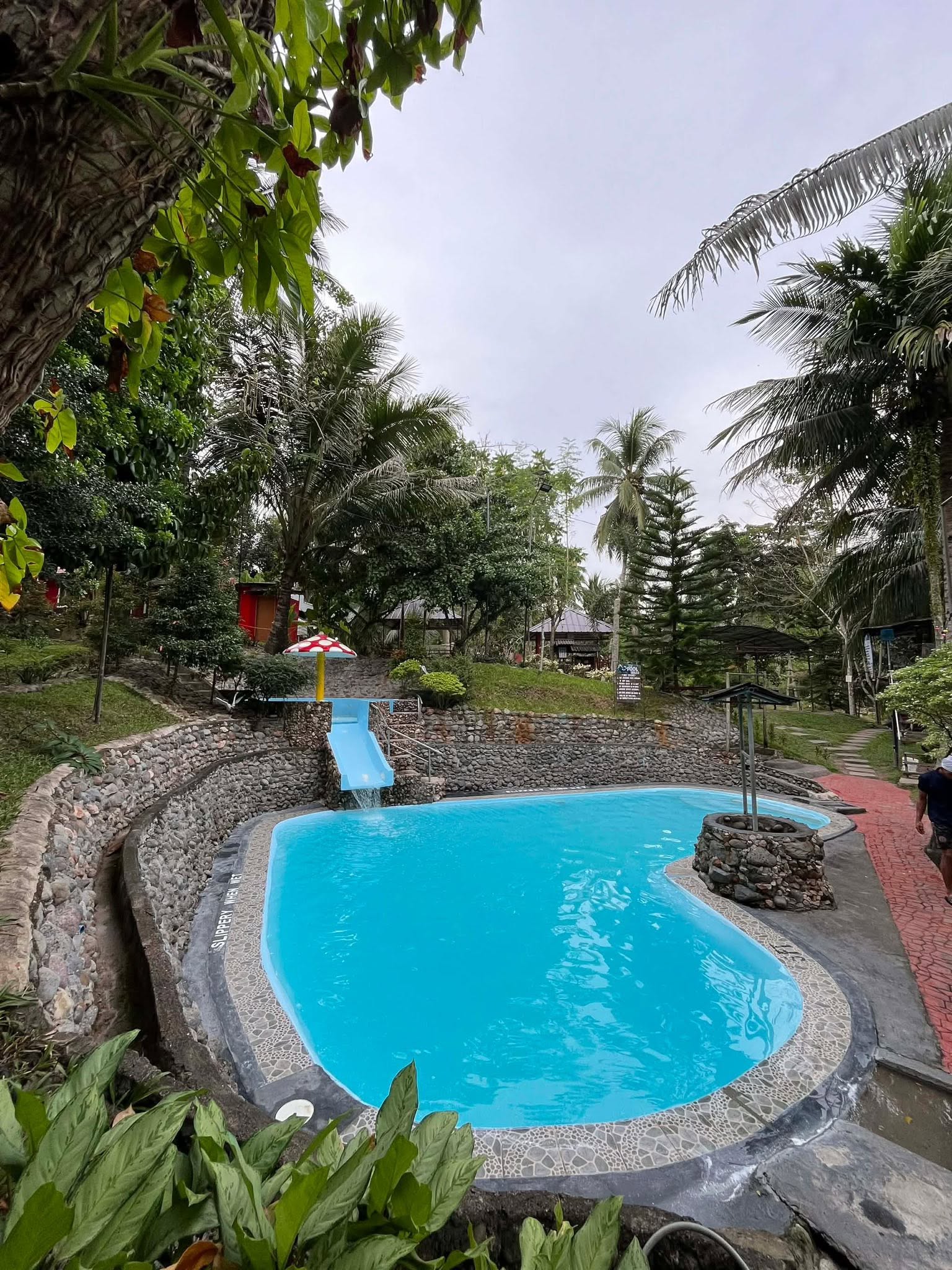 Swimming pool with a small blue slide and stone retaining walls