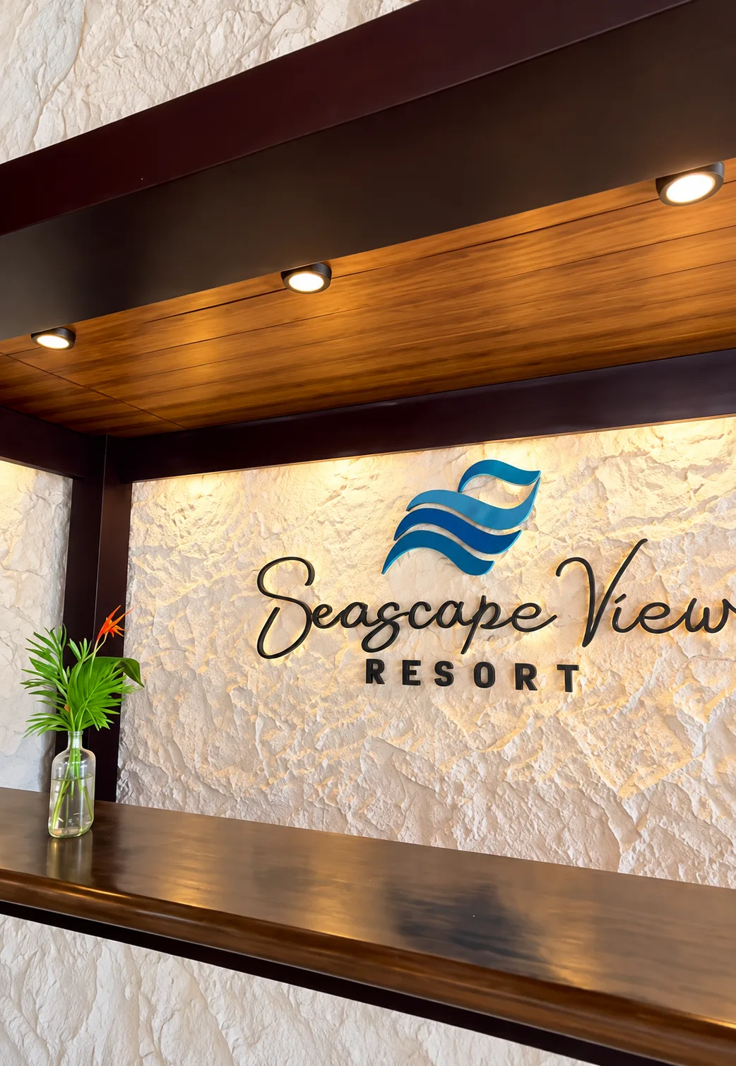 Reception area and Seascape View Resort logo