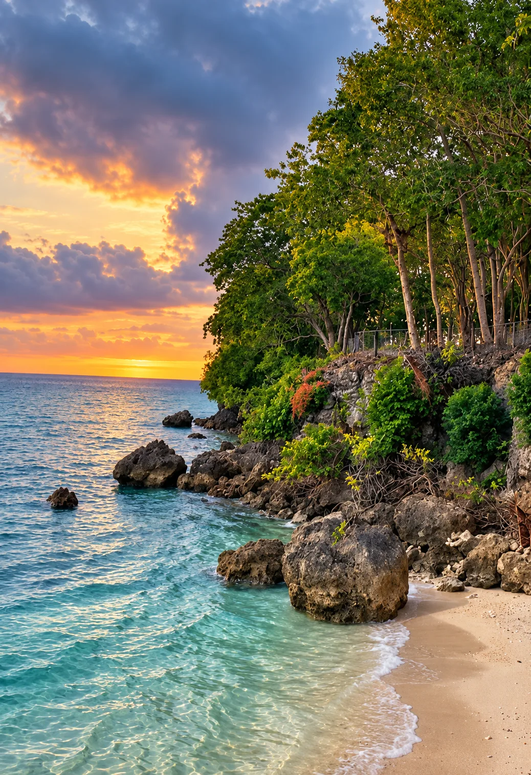 Rocky shoreline at sunset beside Seascape View Resort
