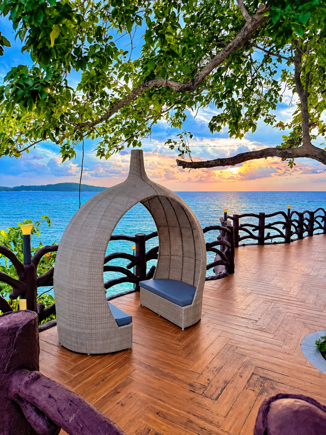 Sunset pod seating deck overlooking the sea at Seascape View Resort