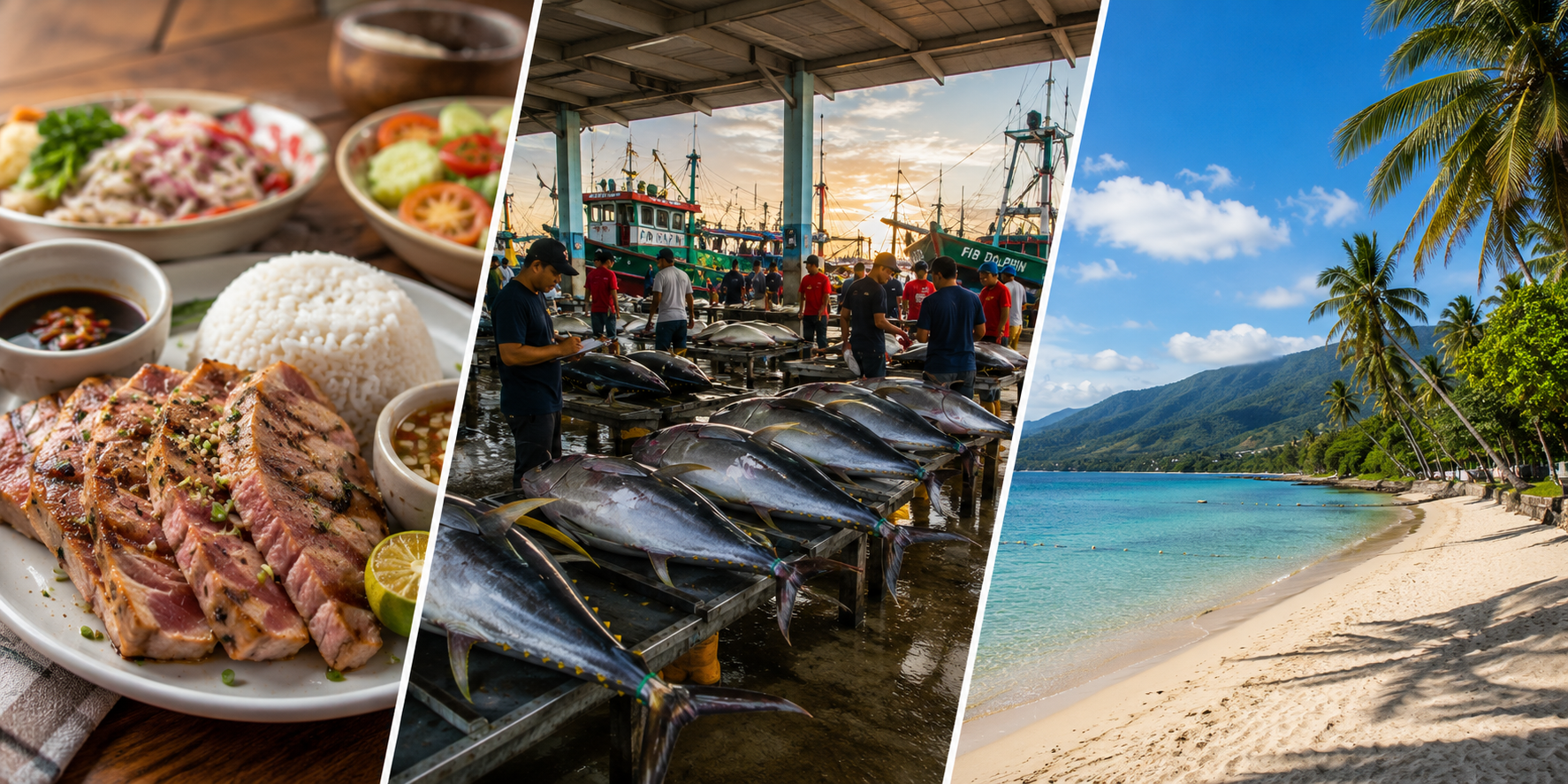 Collage of grilled tuna, GenSan fish port activity, and a Sarangani beach